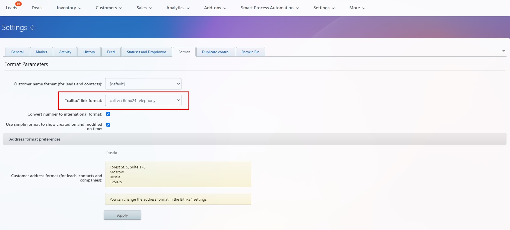 Path to settings: CRM → Settings → Other → Other settings → Formatting (see figure).